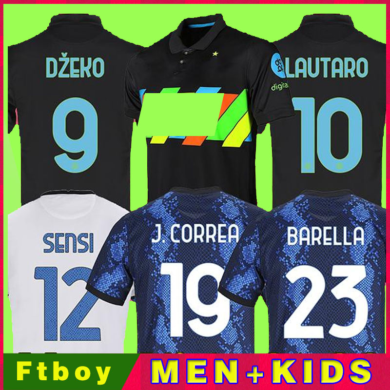 

New Soccer jersey VIDAL BARELLA LAUTARO ERIKSEN MILAN ALEXIS DZEKO CORREA 21 22 football shirts 2021 2022 uniforms men + kids kit away third 3rd black tops, Home patches