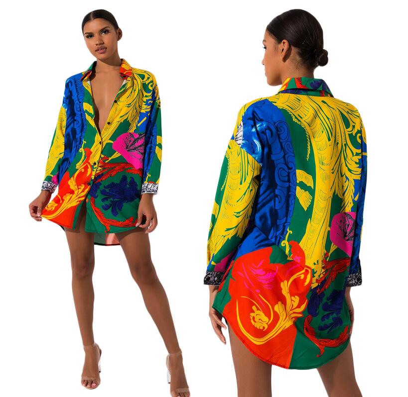 

New Fashion Sexy Printed Casual Loose Women Shirt Dress loose Long Sleeve Dresses Colorful Painted One Piece Wholesale Clothing, Black;gray