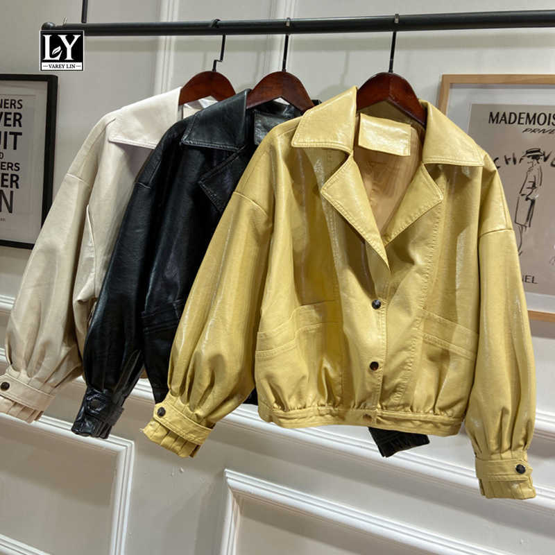 

LY VAREY LIN Autumn Women Faux Leather Jacket Loose Style Vintage Batwing Sleeve Biker Coat Punk 210526, Beige