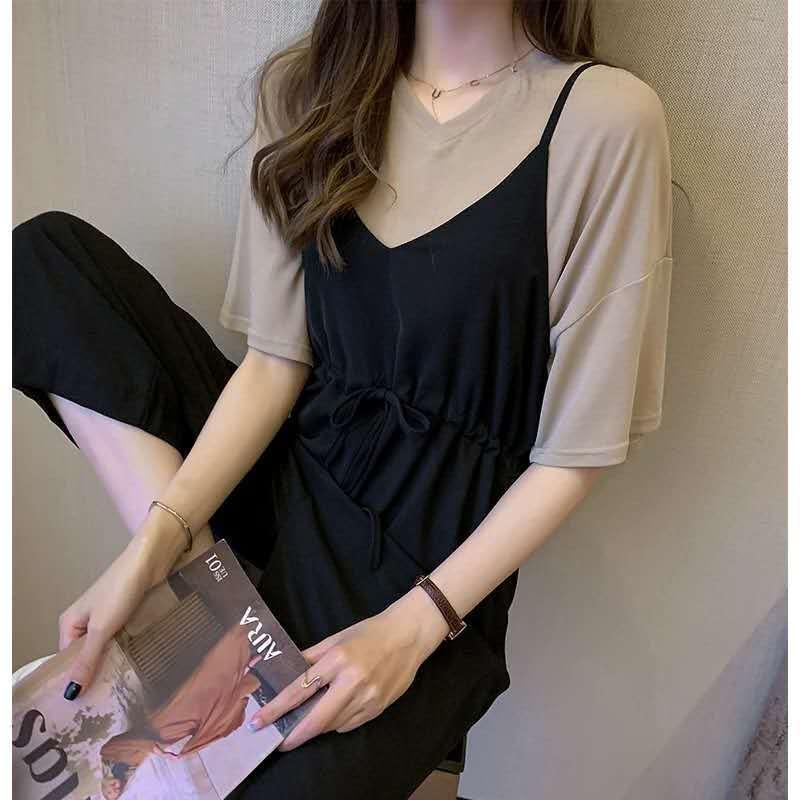 

2021 New Summer Women Clothes Cotton Half-sleeve Loose V-neck T-shirt Top + Strap Wide Leg Ankle-Length Pant Suit 2 Pcs Set M59, Gray