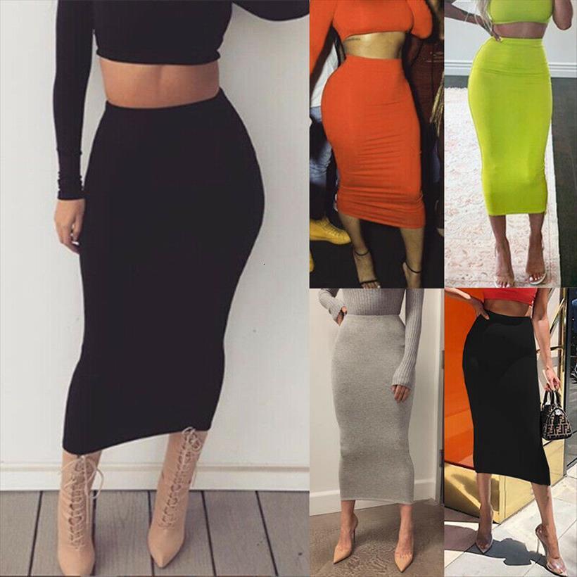 

brand office midi pencil women skirts stretch bodycon tube solid skinny plus size high waist autumn fashion, Black