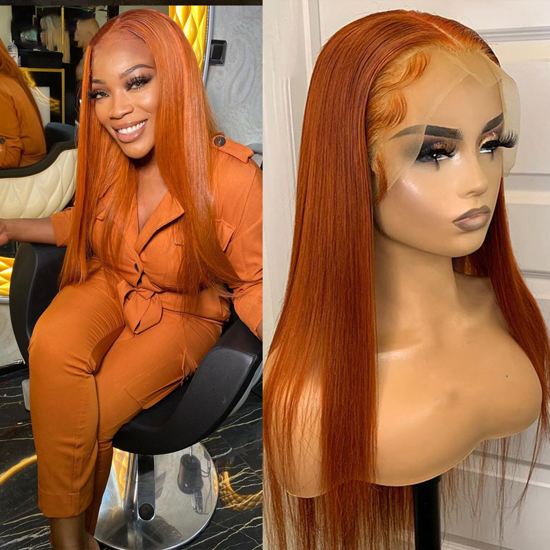 

Orange Ginger Long Straight 13x4 Front Lace Real Wig Pre-Drawn Brazilian Waves 180% Density Remy Glueless Lace Closure Wig for Women, Natural color