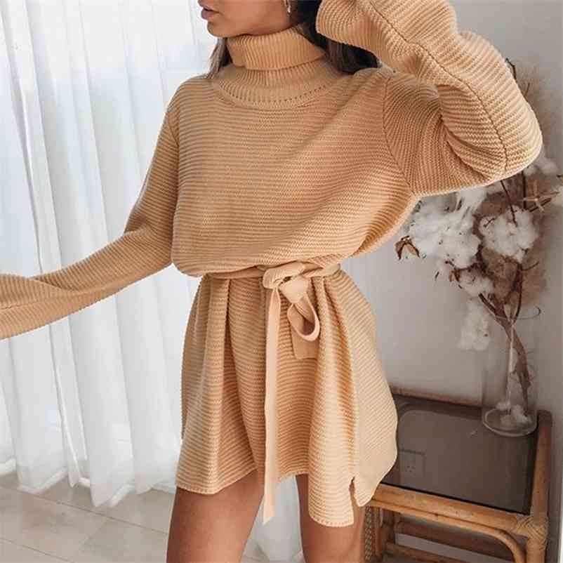 

Paris Girl Turtleneck White Black Knitted Dress Women Autumn Winter Solid Long Flare Sleeve Split Lace-up Sweater Dresses Female 210524, Green