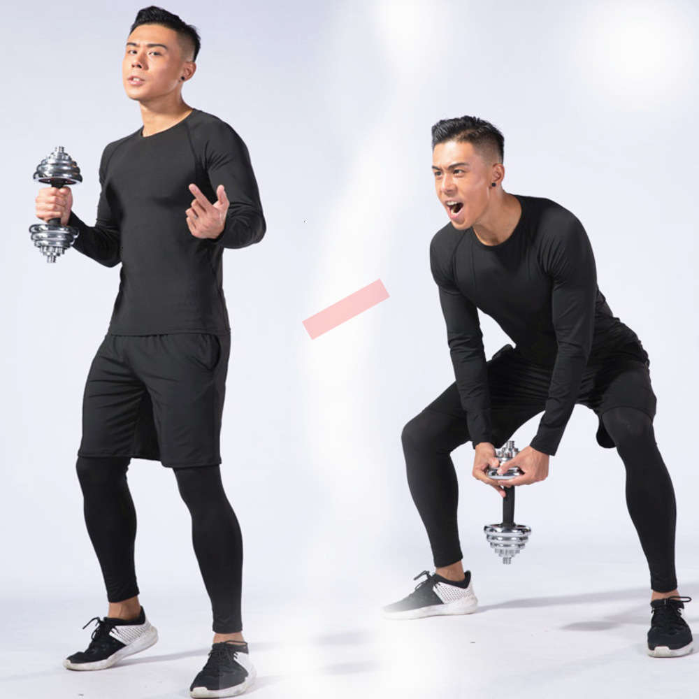 

Sports high elastic fast dry long sleeve three piece fitness suit running training basketball tight clothes men, Gray