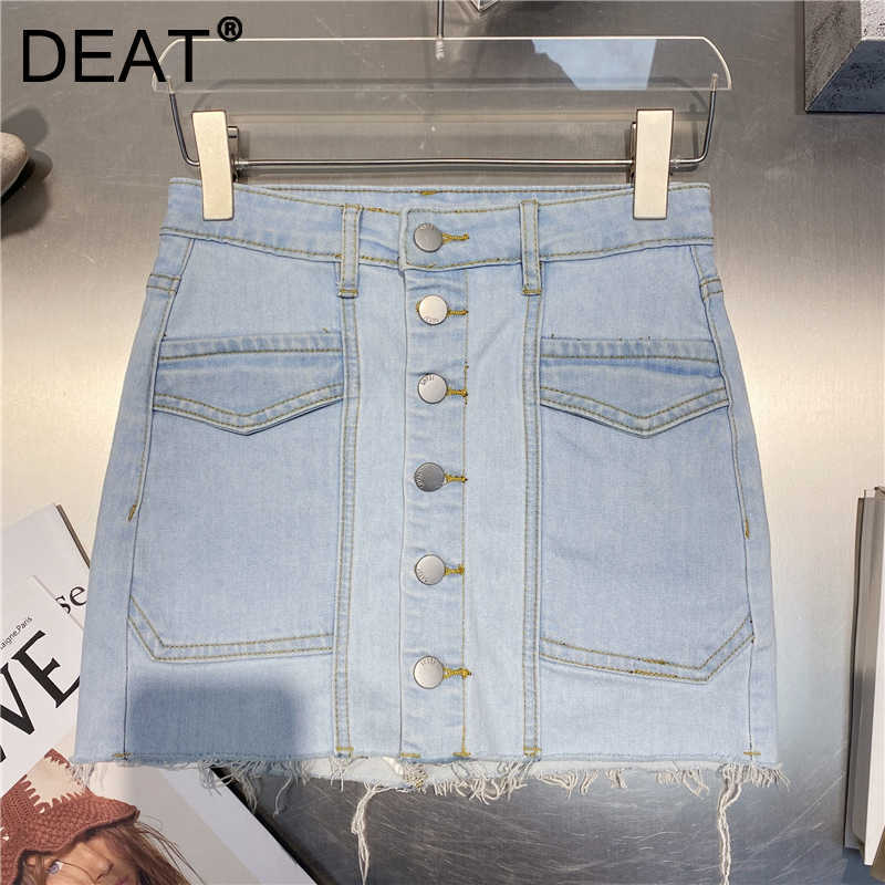 

DEAT Women Single-breasted Burrs Denim Skirt Arrivals High Waist Temperament Fashion Spring Summer 11D1453 210709, Light blue
