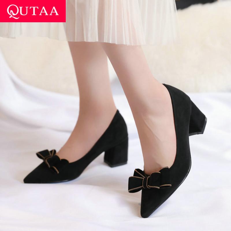 

Dress Shoes QUTAA 2021 Butterfly-Knot Pointed Toe Flock Spring Women Pumps Fashion Square High Heel Shallow Single Big Size34-43, Black