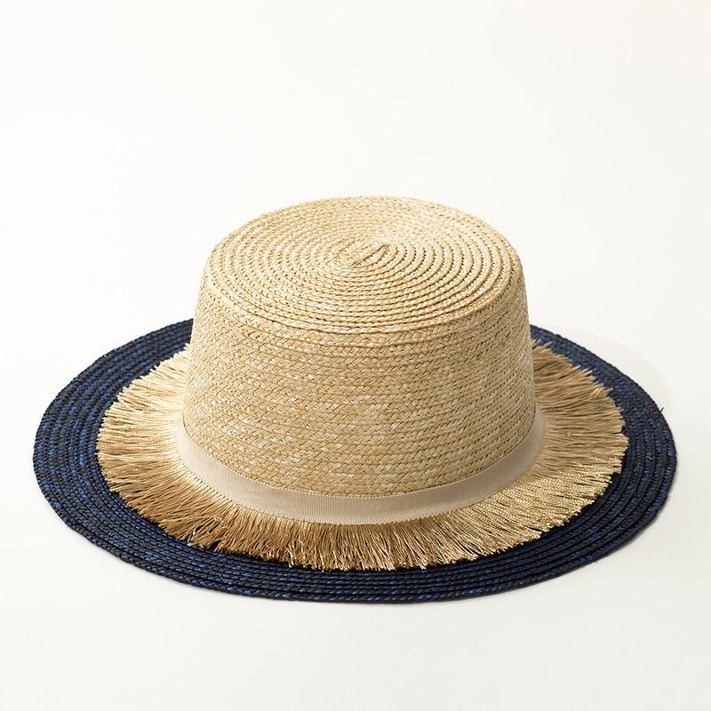 

2021 New Natural Navy Blue Patchwork Straw Sun for Women Fashion Breathable Summer Beach Casual Flat Boater Hat Wholesale Ev1p, Natural and navy