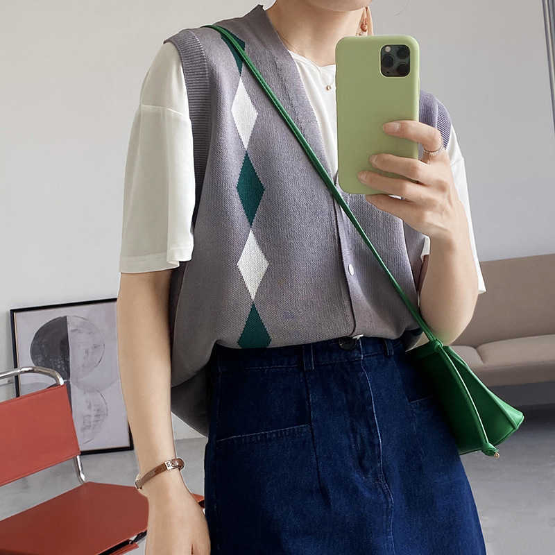 

Spring Autumn V-neck Sleeveless Knitted Vest Women Oversized Vintage Female Sweater Waistcoat Chic Tops 210607, Gray