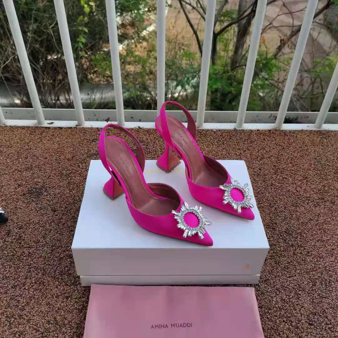 

Fashion Season Amina Muaddi Shoes Pink Begum 95 Satin Slingback Pumps Crystal Sunflower High Heels Real Photos