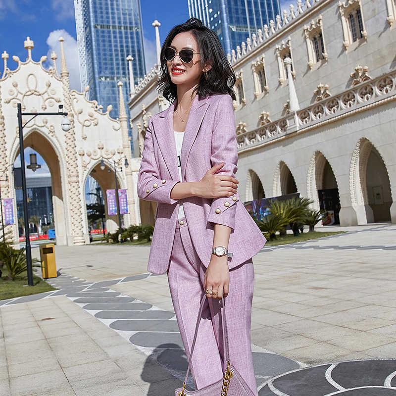 

Plus size women' high quality professional female suit pants autumn and winter slim plaid jacket overalls Casual trousers 210527, Apricot pants
