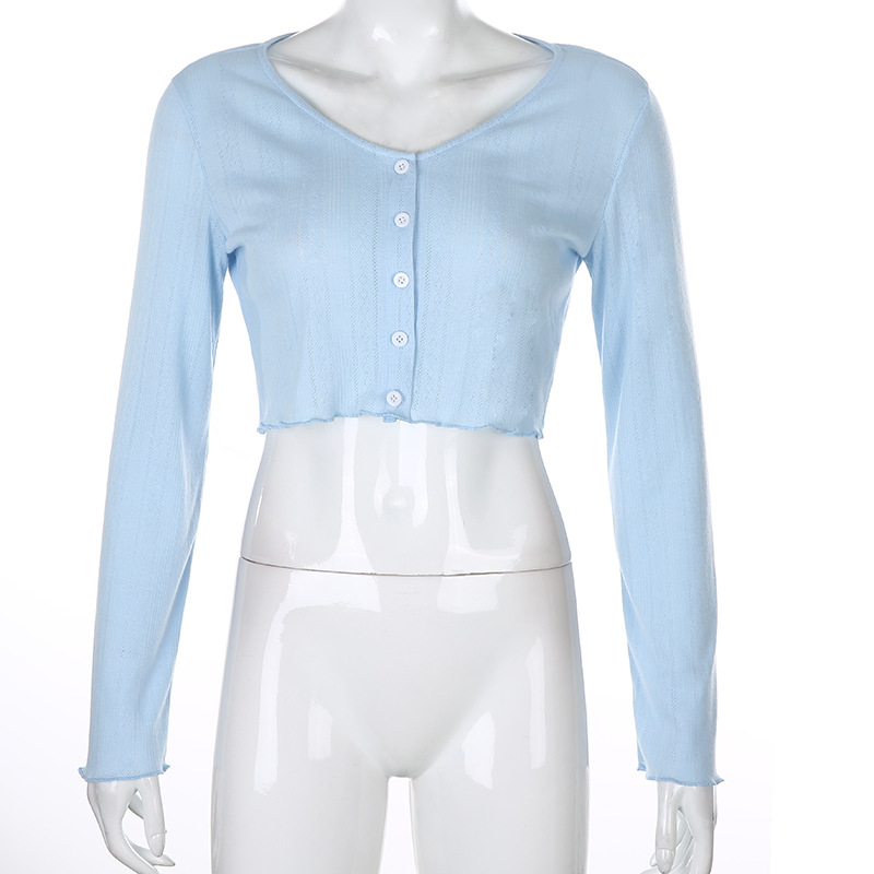 

Women Streetwear Casual Long Sleeve Splice Button Crop Top Fashion Loose V-Neck Knitt Cardigan Tshirt New Autumn Tops, White