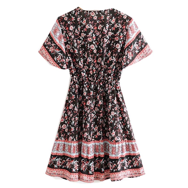 

2021 Spring New V neck black Floral Print Short Sleeve Dress Women Tide Bow Single-breasted Buttons Short Dresses Femme Vestidos, Red