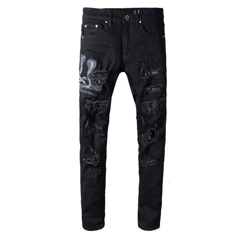 New Male Fashion Street Pants Embroidered Black Skin Snake Patched Thin Jeans Xi5n-image-663188650
