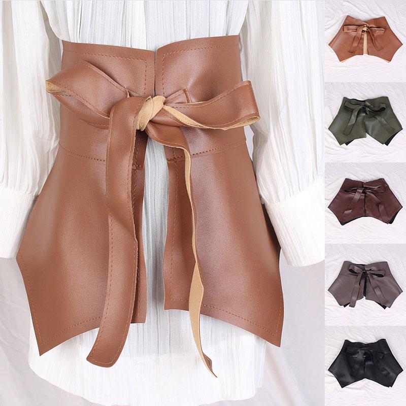 

Belts PU Leather Ultra Wide Cummerbunds Corset Belt Solid Color Self-tie Knotted Waistband Women Skirt Peplum Ruffle, Black