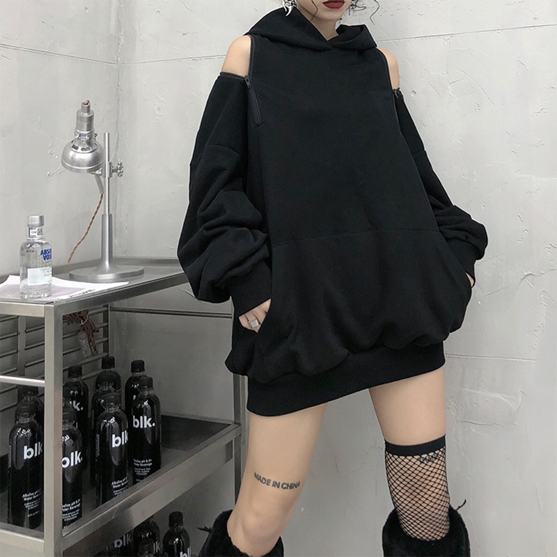 

Streetwear Off Shoulder Sweatshirt For Women Hooded Collar Long Sleeve Casual Black Sweatshirts Female Fashion New