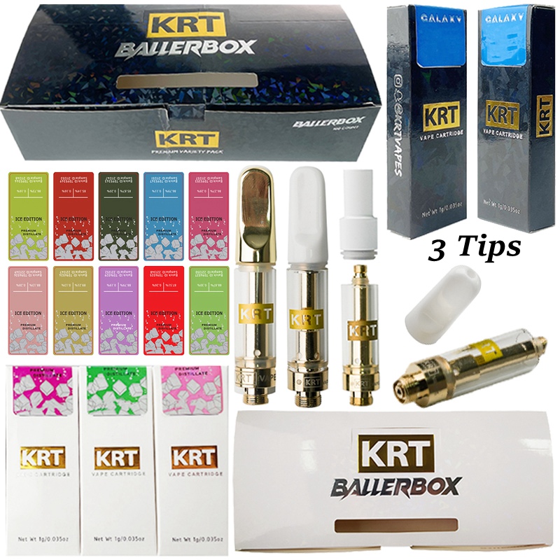 

10 Strains KRT Vape Cartridges Atomizers White Black Galaxy Hologram Packaging Ceramic Coil 3 Tips Pyrex Glass Thick Oil Dab Wax Vaporizer Carts E Cigarettes Empty