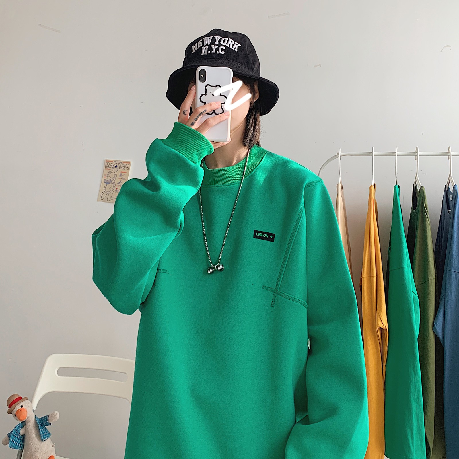 

2021 New Men's Solid Color Lovers Clothes Coats Leisure Loose Cotton Casual Sweatshirts Fashion Round Collar Pullover Size M- 25d3, Green