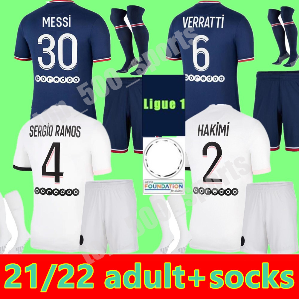 

21 22 Adult Kit MESSI MBAPPE soccer jerseys HAKIMI SERGIO RAMOS Psg VERRATTI Maillots de football shirt 2021 2022 MARQUINHOS men uniforms enfants maillot foot fourth, Away+socks