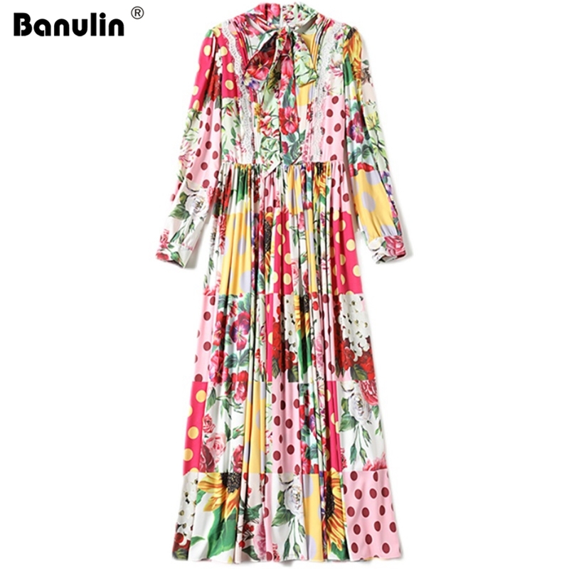 

Banulin Spring Runway Long Vacation Dress Women's Bow Belt Vintage Dots Floral Print sleeve Elegant Party Dresses 210603, Design and color