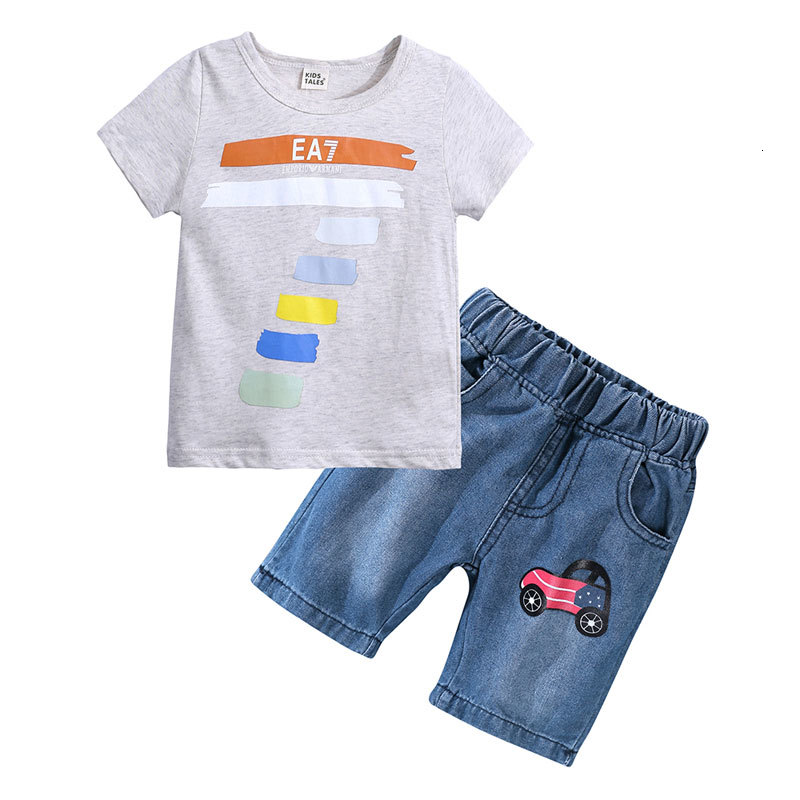 

2021 New Fashion Children Boys Summer Toddler Boy Clothes Sleeve Top+jean Short Cartoon Kids Clothing 1-6 Years C20x, As picture