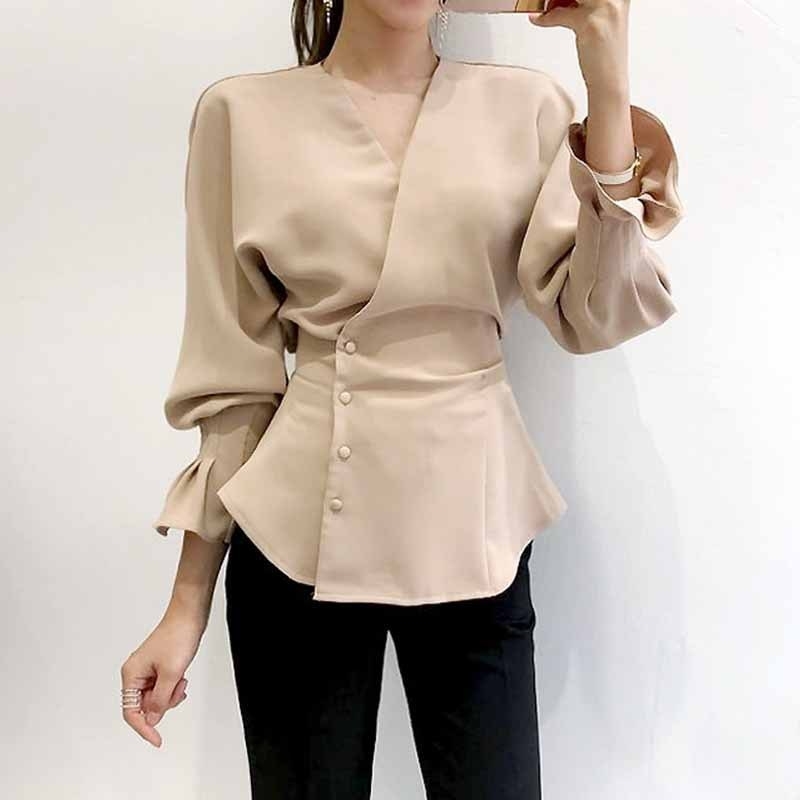 

Korean Chic French minority early autumn temperament slim fit and thin versatile top V-neck trumpet sleeve waist closing shirt, White;black