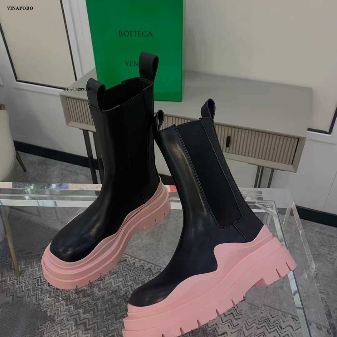 

INS HOT Genuine Leather Women Ankle Boots Platform Round Toe Lace Up 5cm Heel For Woman Zip Shoes Botas White Black Y0910, As the picture