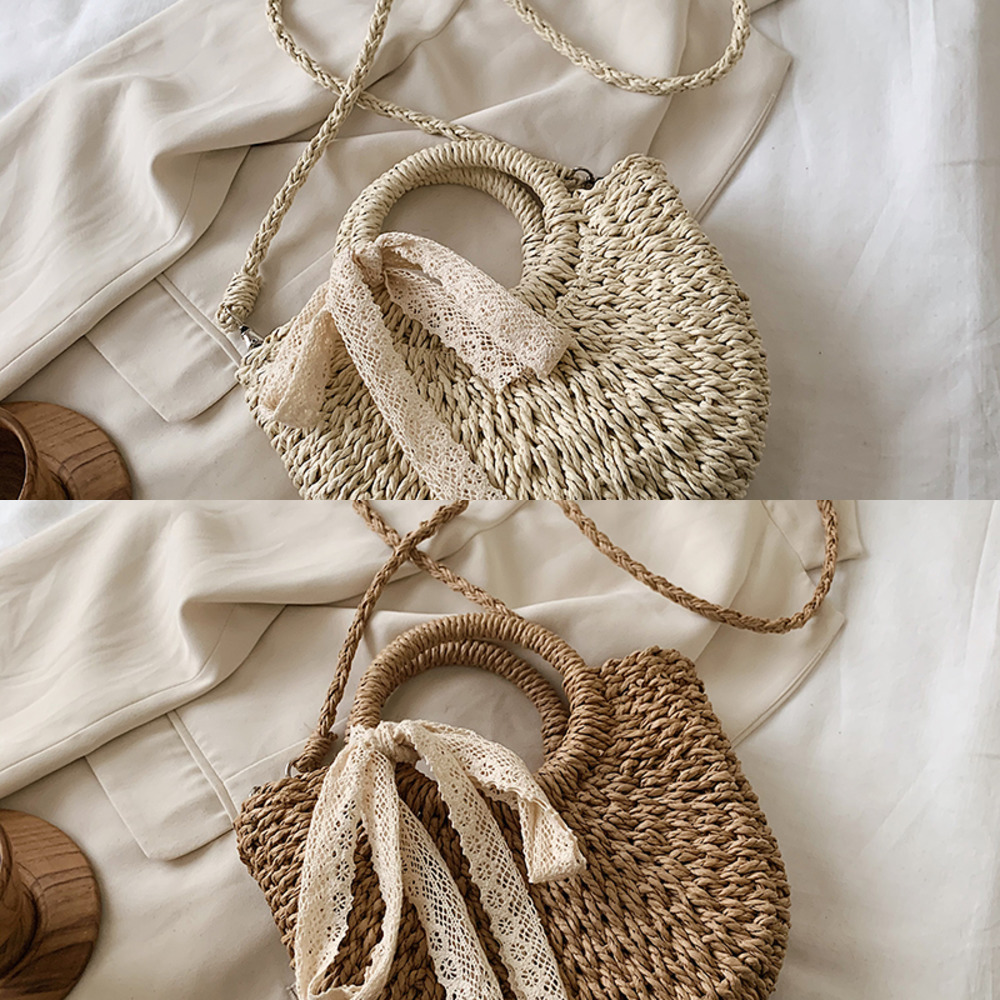 

2020 new Handmade Half-Round Rattan Woven Straw Bag Summer Women Messenger Crossbody Bags Girls Small Beach Handbag 2020 C0302, Beige