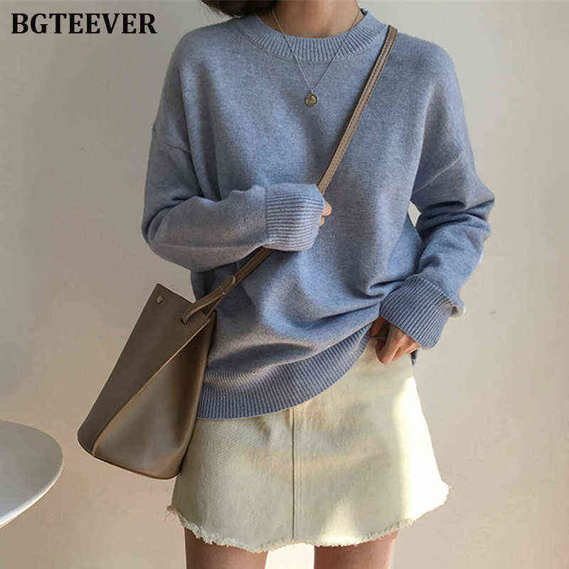 

BGTEEVER Basic O-neck Knitted Jumpers for Women Sweater Casual Loose Long Sleeve Winter Sweater Female Pullovers Streetwear Y1110, Pink