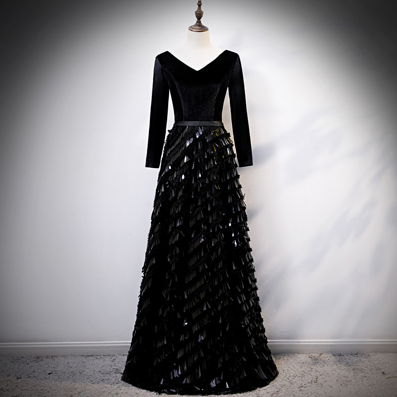 

Black Sequins Chinese Sexy V-neck Party Female Cheongsam Stage Show Qipao Elegant Celebrity Velvet Banquet Dresses De M9d2