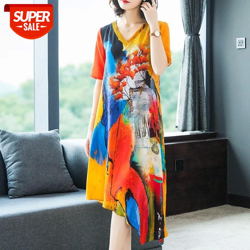 

high quality 2020 summer dress women clothes V-neck print retro loose short-sleeved dress large high quality elegant vestidos #9I4x, Black;gray