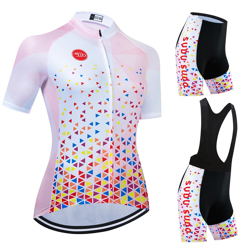 

Women's Cycling Jersey Set Road Bike Shirts Short Sleeve Breathable Riding Clothing with 20D Padded Bib Shorts pinke white little flower, Grey