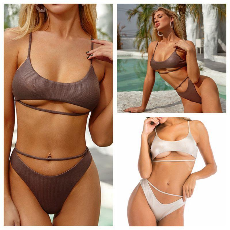 

Women' Swimwear Women Sexy Solid Color Reflective Hollow Quick-Drying Beach Swimsuit Fashion Low-Cut High-Waist Tight-Fitting Sling Split B, Coffee
