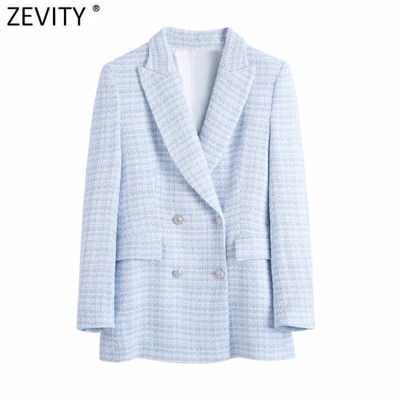 

Zevity Women Elegant Plaid Pattern Tweed Woolen Blazer Coat Office Lady Double Breasted Suits Female Chic Buttons Tops CT711 211019, Bb ct711s