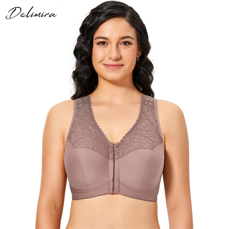 

Delimira Women's Front Closure Full Figure Wirefree Racerback Lace Plus Size Bra 211110, Beige03