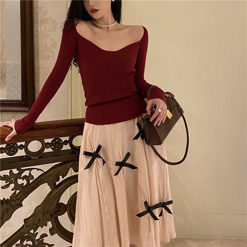

Fashion Elegant Sexy Slash Neck Knitted Tops + Bowknot High Waist Midi Skirt 2 piece set Outfits 210526, Photo color