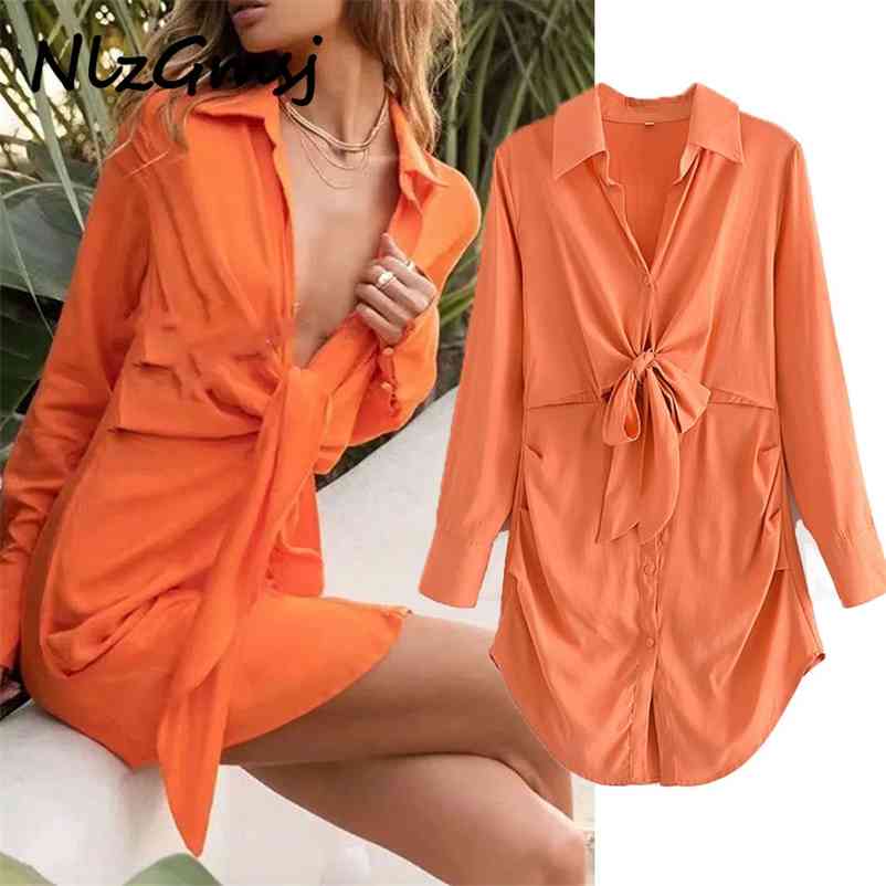 

Dres Summer Knot V Neck Shirt Mini Woman Casual Long Sleeve Female Party es Vestido 05 210628, As picture