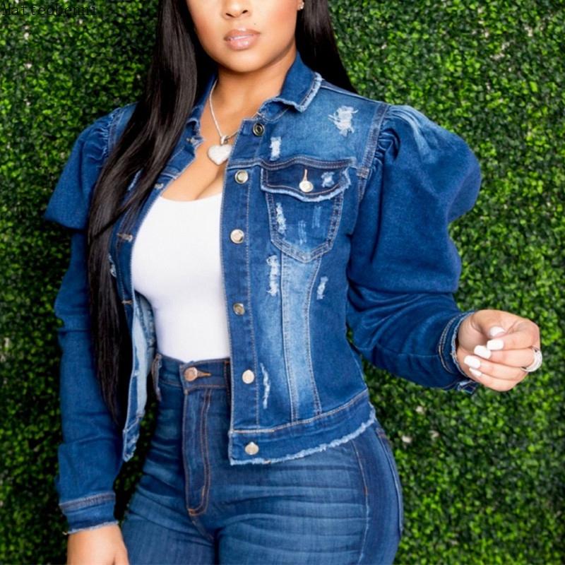 

Sexy Ripped Jean Jacket Women Oversized Denim Jacket Vintage Puff Sleeve Frayed Stretch Casual Loose Coat Ladies, Navy blue