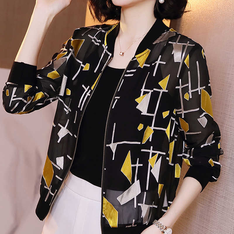

Woman Jacket Long Sleeve Thin Zipper Women Jacket Summer Sun Protection Shirt Print Chiffon Jacket Women Jackets for Women E741 210602, As picture