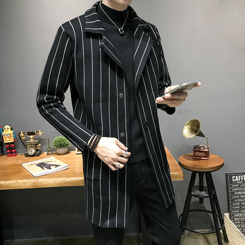 

Men's Trench Coats Long Mens Striped Steampunk Slim Beige Sweater Jackets 2021 Winter Coat Black Vintage