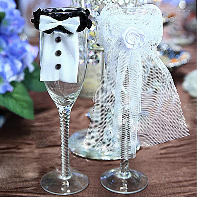 

Party Decoration 2Pcs/Set Bridal Veil Bow Tie Bride & Groom Tux Wedding Toasting Wine Glasses Decor