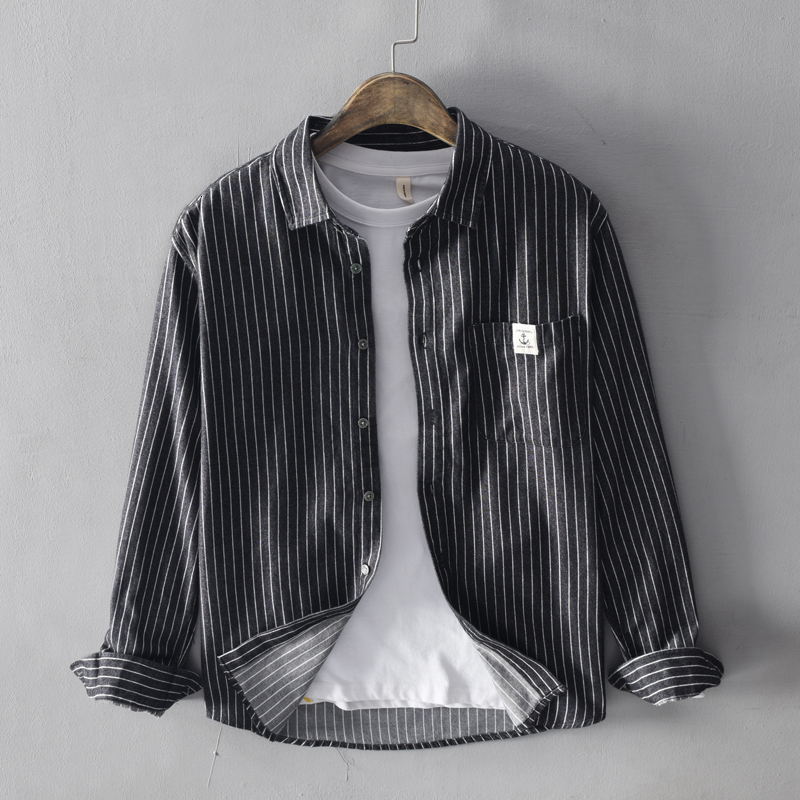 

2021 New Japanese Style Vintage Fashion Top Quality 100% Cotton Long Sleeve Stripe Shirts Men Black Gray Casual Business Shirt 7mar
