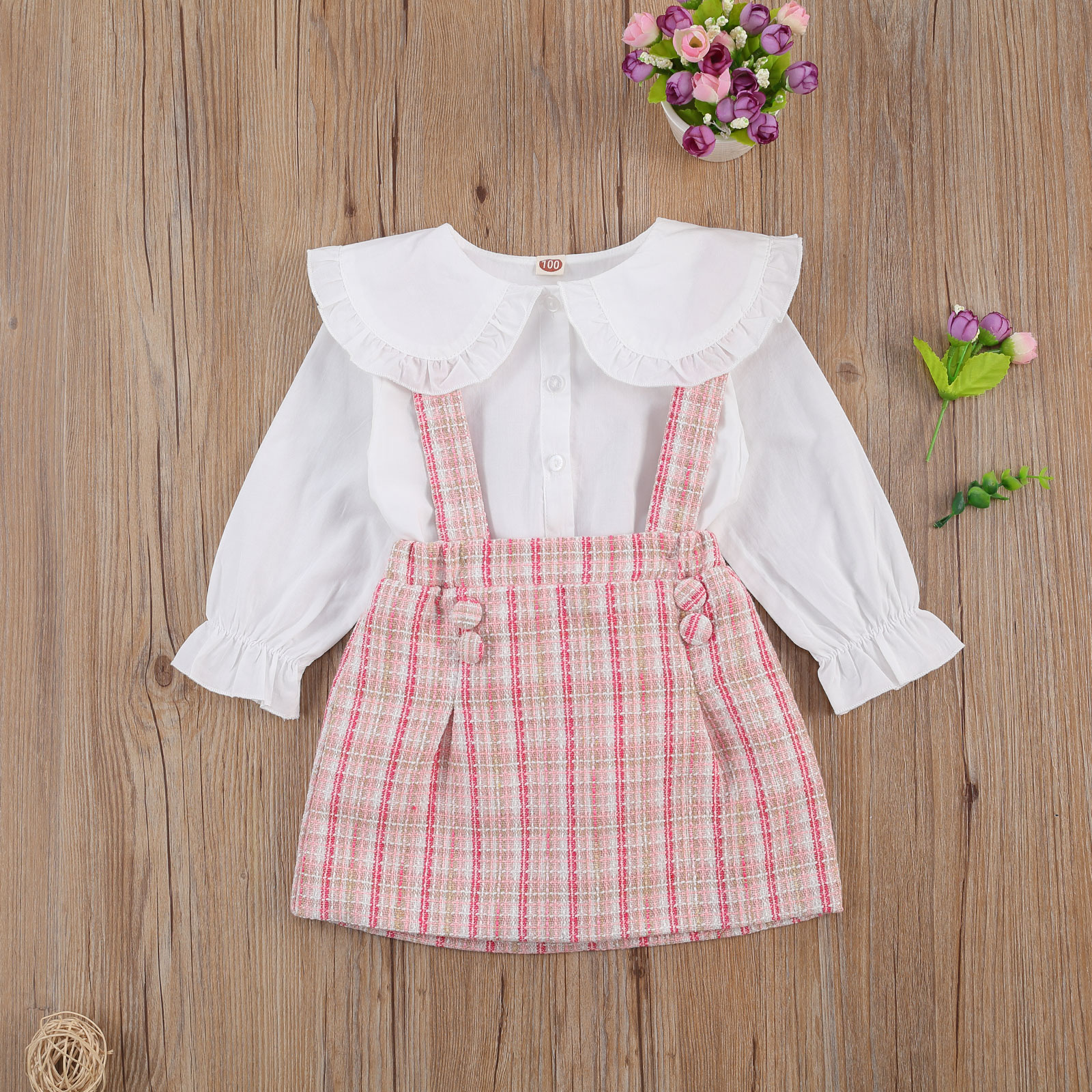 

2021 Fashion Princess Kids Baby Girls Clothes Sets 2pcs Peter Pan Collar Single Breasted Tops Plaid Print Bib Strap Dress, Default color