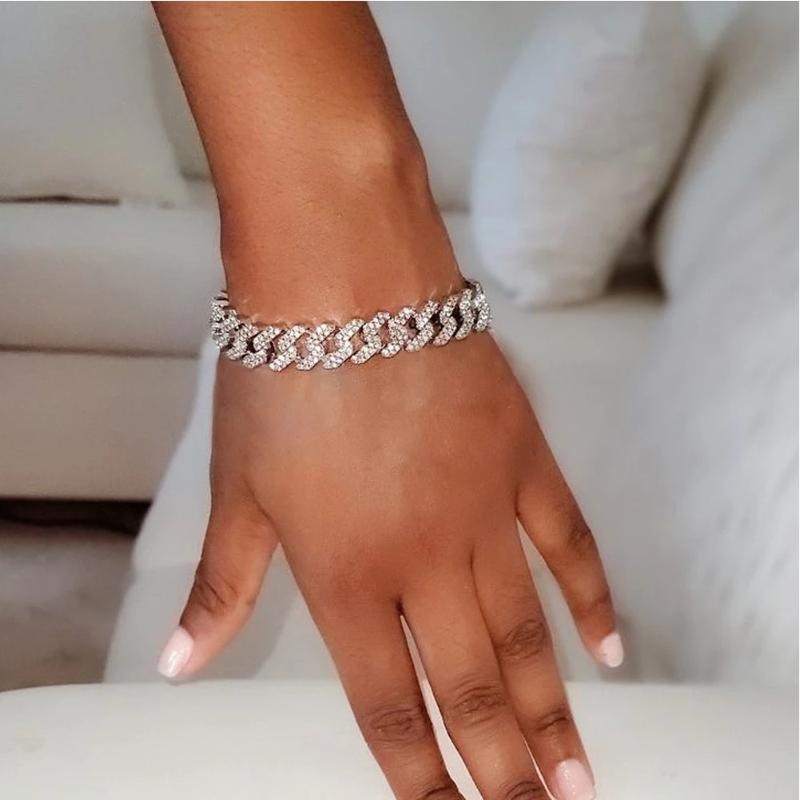 

Link, Chain Iced Out Luxury Full Rhinestone Cuban Link Bracelet For Women Pink Crystal Chunky Thick Punk Hip Hop Rock Party Jewelry