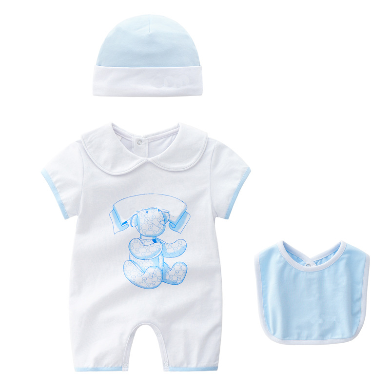 

Summer 3 pcs fashion Newborn baby clothes short-sleeved cotton Toddler baby boy girls romper Bibs and hat Set 0-24M, Blue