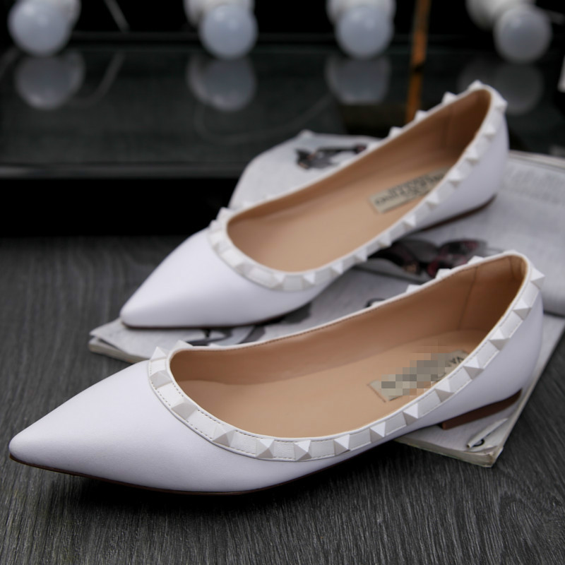 

Vs Rivet Pointed Toe Flat Pumps Classic All-Matching Genuine Leather Shallow Mouth Boat Shoes Liu Ding Flat-Heeled Slip-on Womens Shoes 42, White patent leather