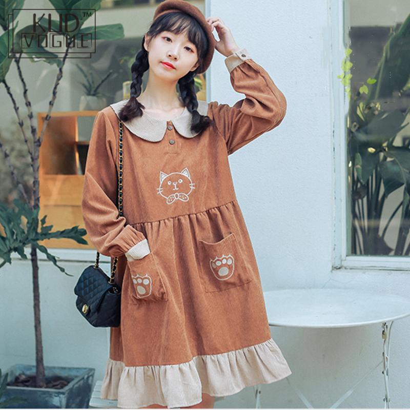 

Casual Dresses Lolita Vintage Harajuku Kawaii Mori Girl Dress Japan Sweet Doll Collar Ruffle Women Clothes Cute Cat Long Sleeve Corduroy, Khaki