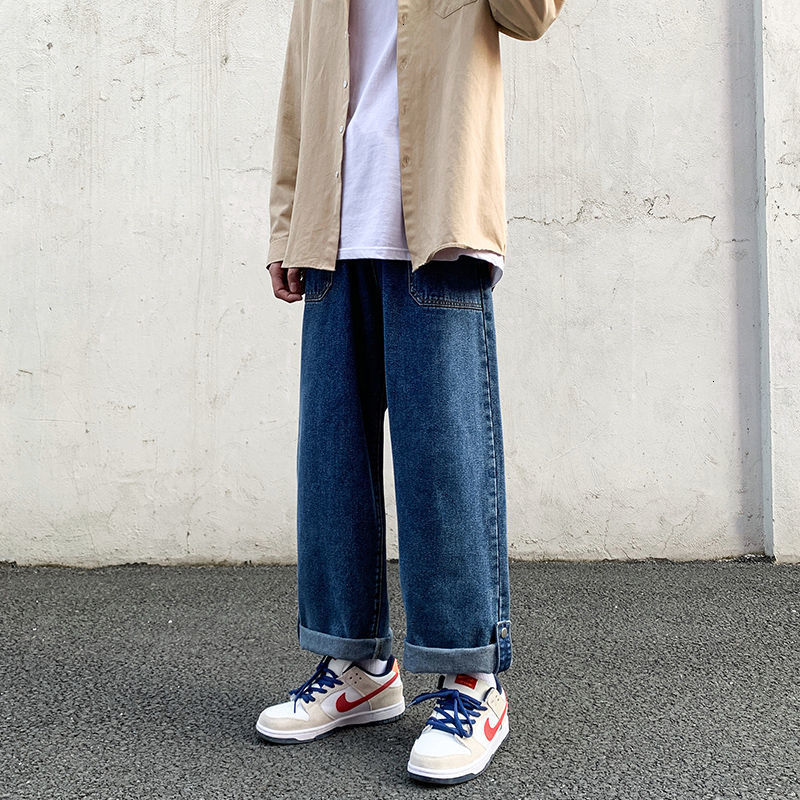 

2021 New Wide-leg Men's Fashion Casual Drawstring Jeans Men Streetwear Hip-hop Straight Denim Trousers Mens -5xl R0h1, Navy blue