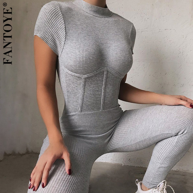 2021 New Patchwork Ribbed Backless Cotton Jumpsuit Women Casual O-neck Elastic Long Pant Rompers Solid Outwear Ladies Bodysuits Lonb-image-659648757