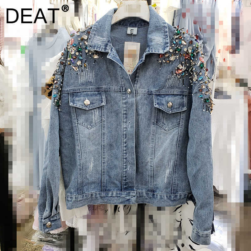 

DEAT Women Loose Diamond-studded Beads Denim Coat Arrivals Long Sleeve Fashion Temperament Spring Autumn 11D2003 210709, Blue