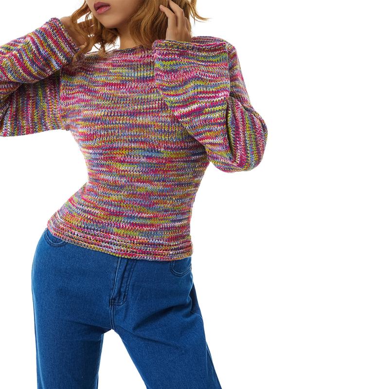

Women's Sweaters Ladies Long Sleeve Casual Knitwear Autumn Creative Rainbow Color Matching Round Collar Curled Selvedge Short Pullover Sweat, White;black